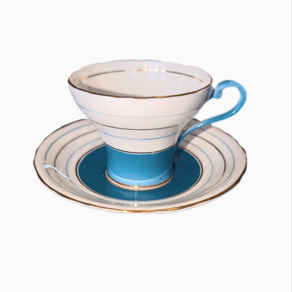 Aynsley Bone China Tea Cup - White, Teal and Gold